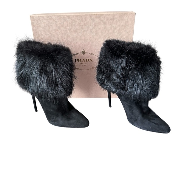 Prada Calzature Donna Camoscio Fur Trimmed Ankle Heel Boot Black (Nero) Size 40 - Picture 1 of 12